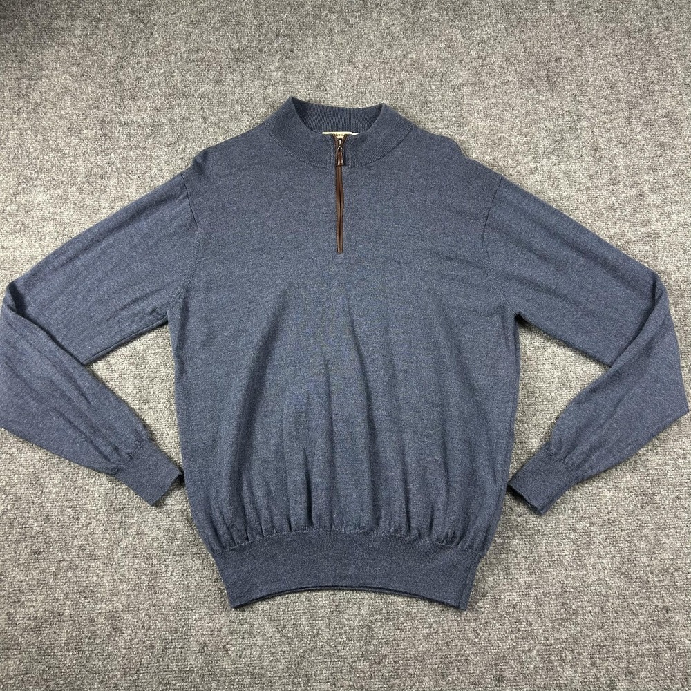 Peter Millar Sweater Mens XL Blue Merino Wool 1/4 Zip Mock‎ Neck Pullover